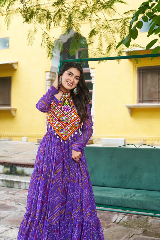 Purple Bandhani Print Work With Kutchi Patchework Navratri Special Gown