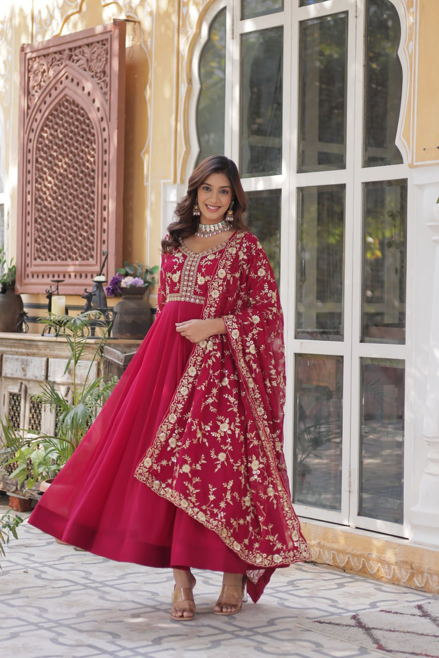 Pink Faux Blooming With Sequins Multi Zari Embroidered Work Gown