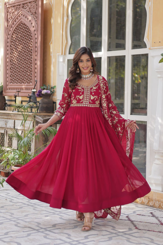 Pink Faux Blooming With Sequins Multi Zari Embroidered Work Gown