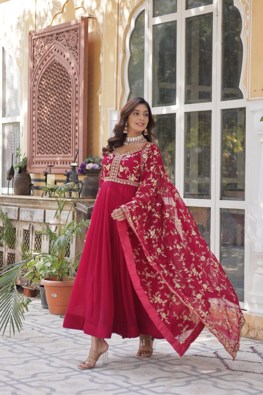 Pink Faux Blooming With Sequins Multi Zari Embroidered Work Gown