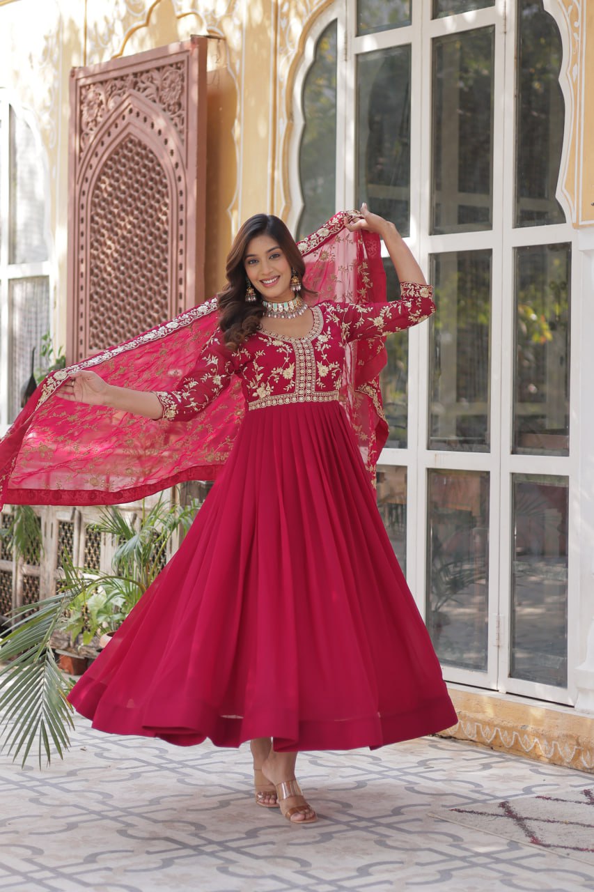 Pink Faux Blooming With Sequins Multi Zari Embroidered Work Gown