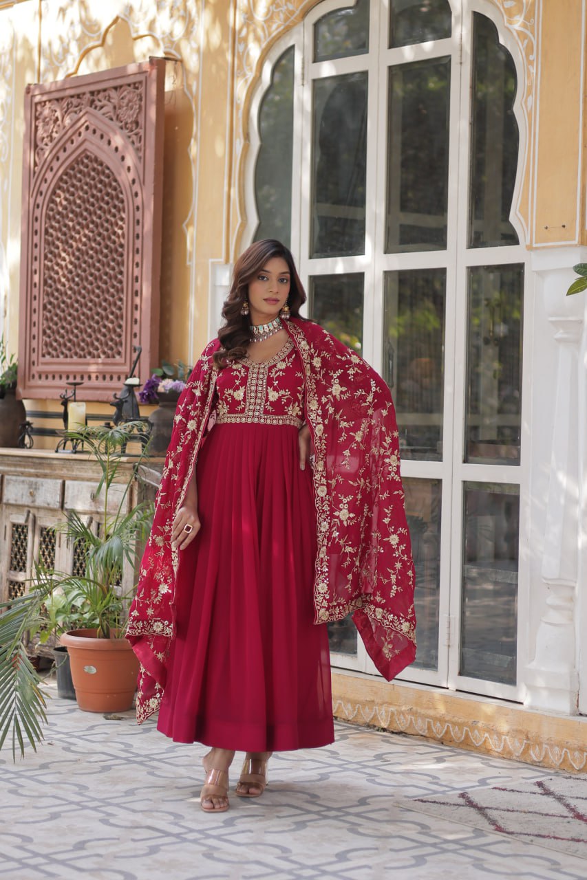 Pink Faux Blooming With Sequins Multi Zari Embroidered Work Gown