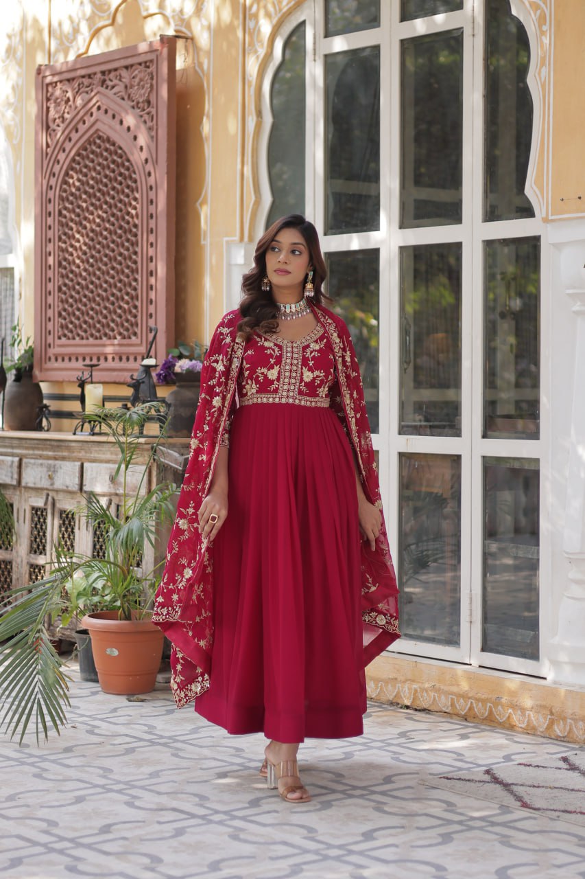 Pink Faux Blooming With Sequins Multi Zari Embroidered Work Gown