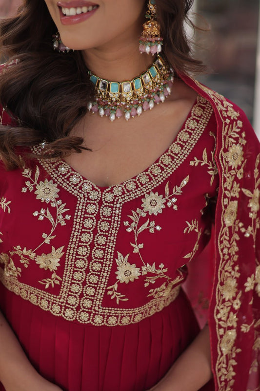 Pink Faux Blooming With Sequins Multi Zari Embroidered Work Gown