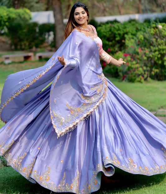 Lavender Color Soft Butter Silk Embroidery Work Real Mirror Work Lehenga Choli.