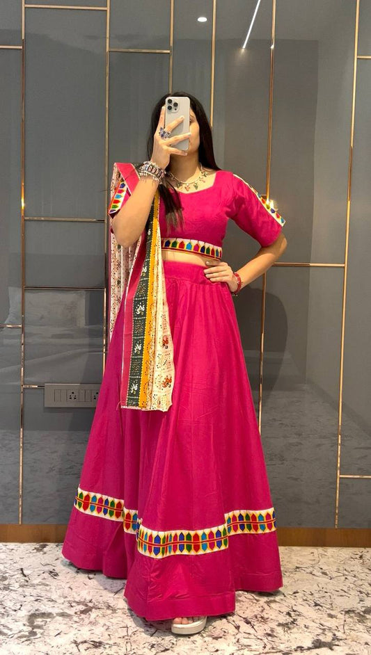 Pink Pure Reyon Cotton Beautiful Designer Gamthi Embroidery Work Navratri Lehenga Choli