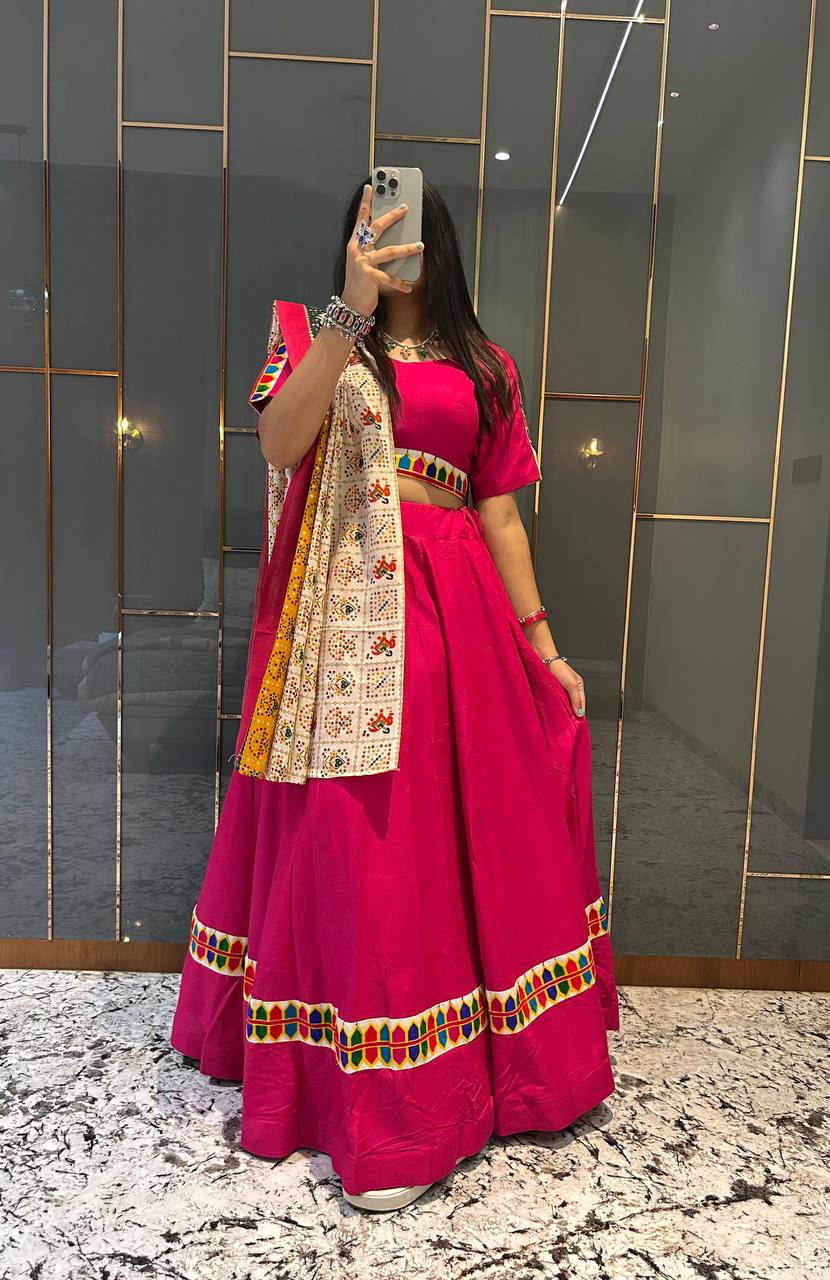Pink Pure Reyon Cotton Beautiful Designer Gamthi Embroidery Work Navratri Lehenga Choli