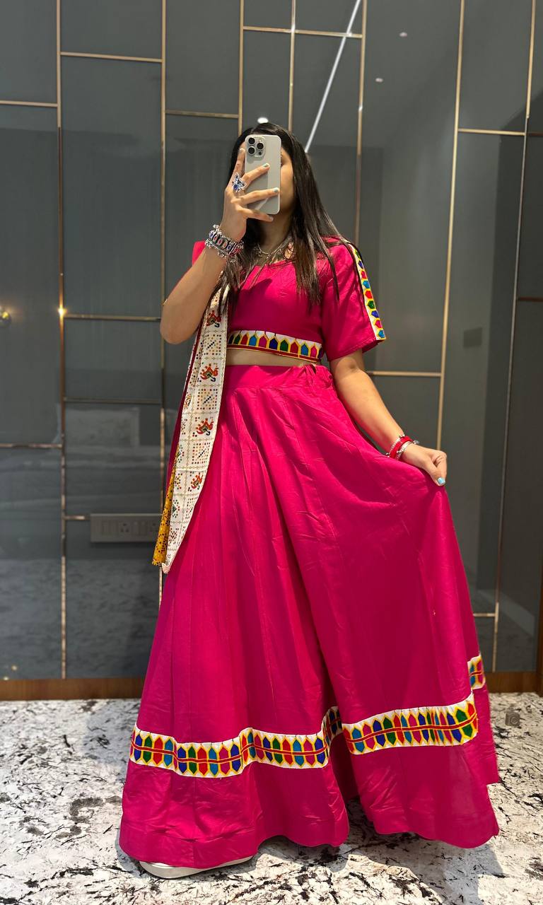 Pink Pure Reyon Cotton Beautiful Designer Gamthi Embroidery Work Navratri Lehenga Choli