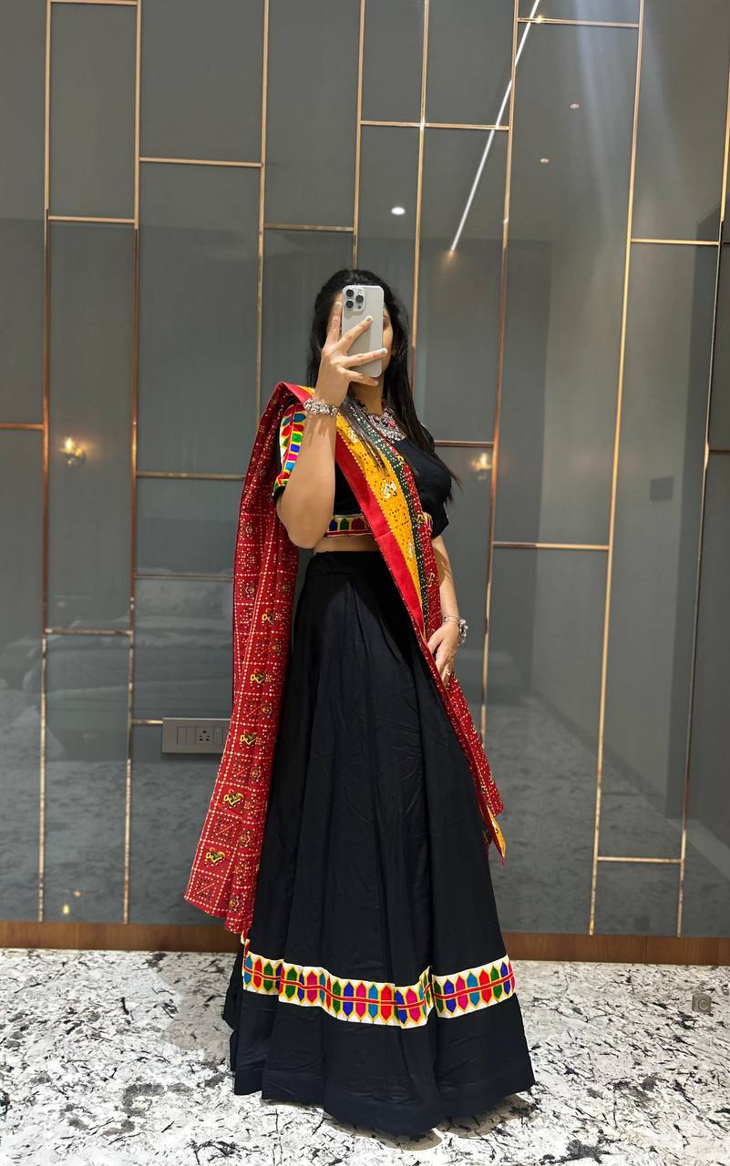 Black Pure Reyon Cotton Beautiful Designer Gamthi Embroidery Work Navratri Lehenga Choli