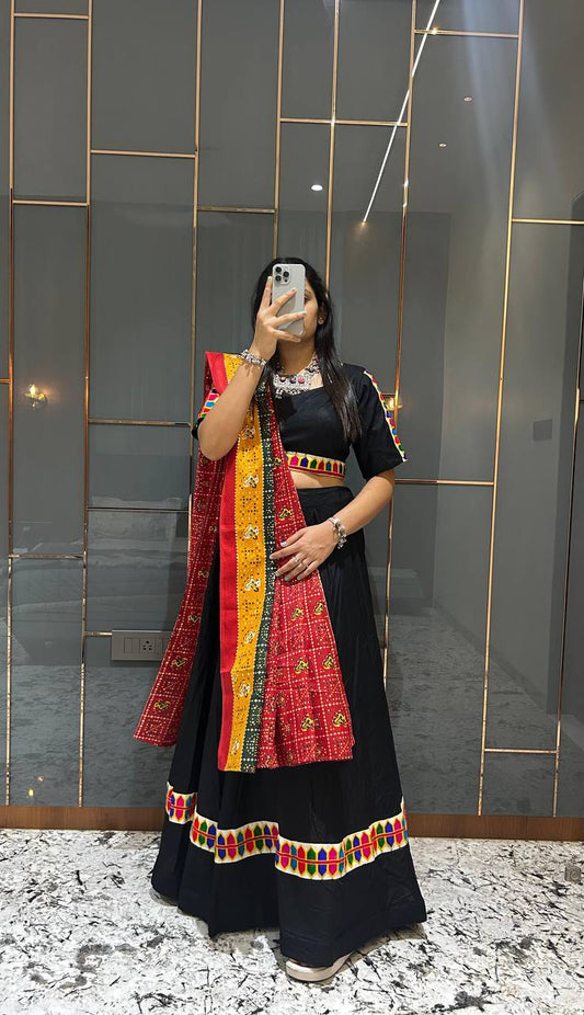 Black Pure Reyon Cotton Beautiful Designer Gamthi Embroidery Work Navratri Lehenga Choli