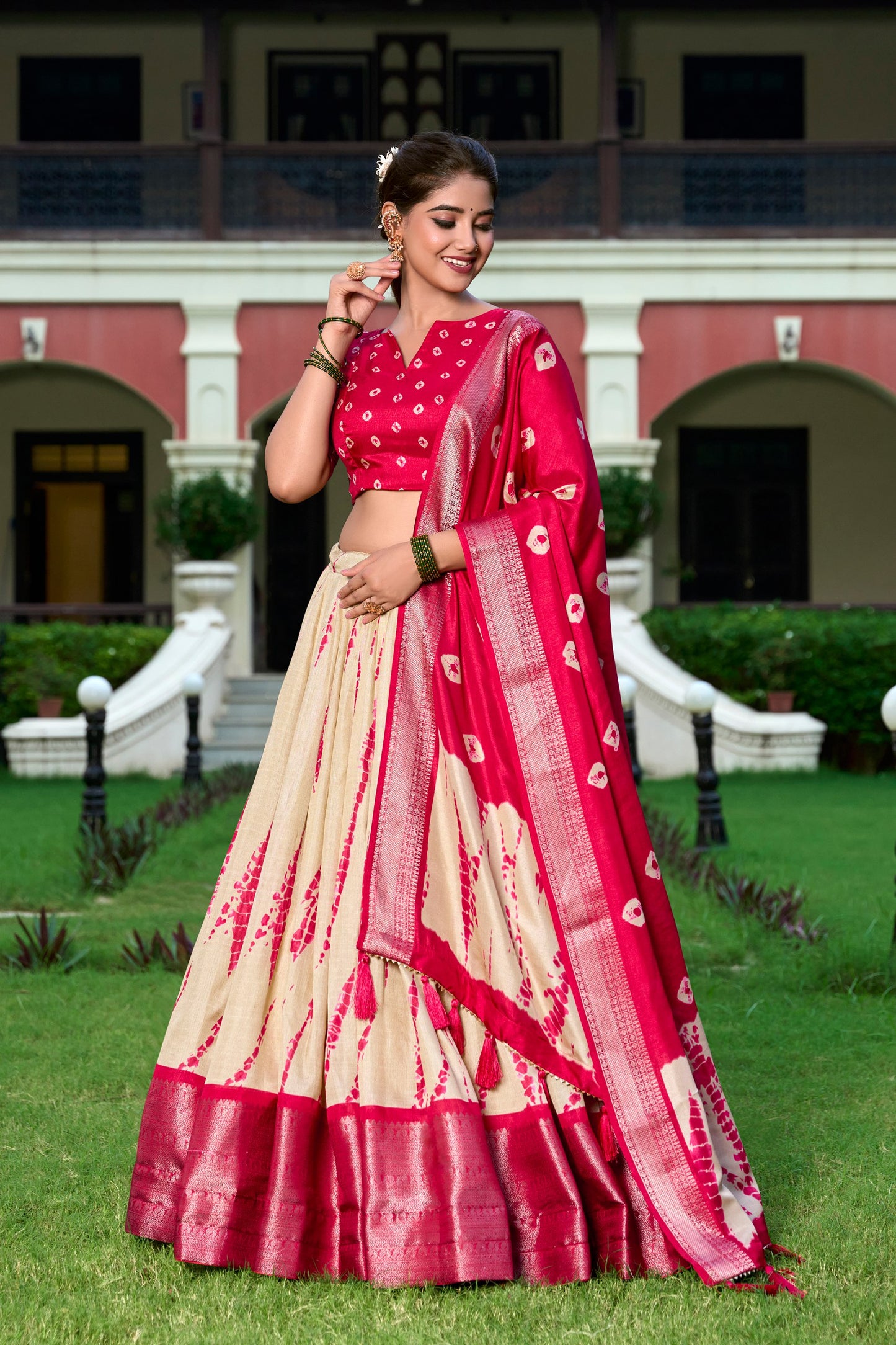 Red Color Dola Silk Shibori Print With Zari Weaving Border Lehenga