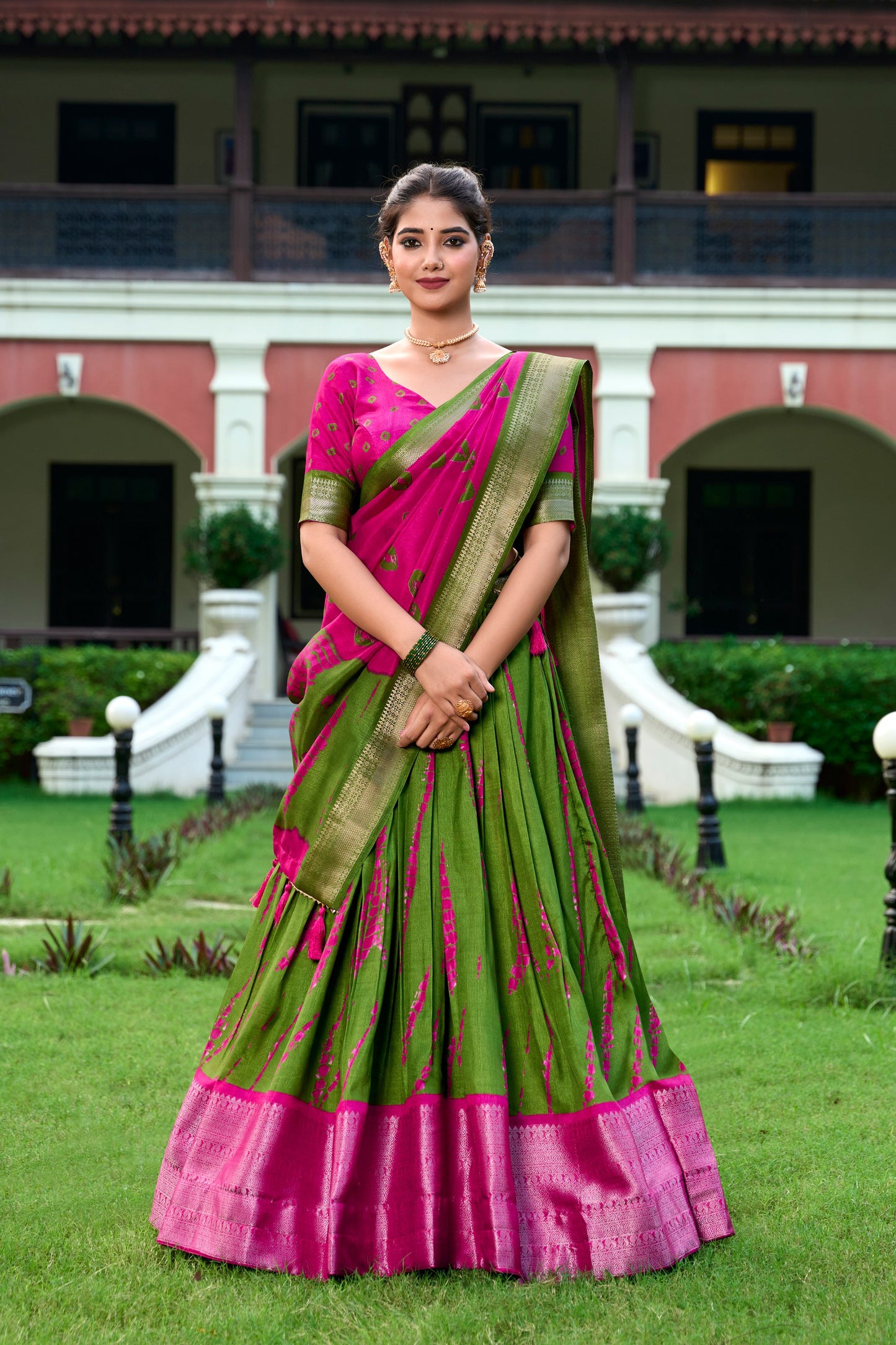 Green Color Dola Silk Shibori Print With Zari Weaving Border Lehenga