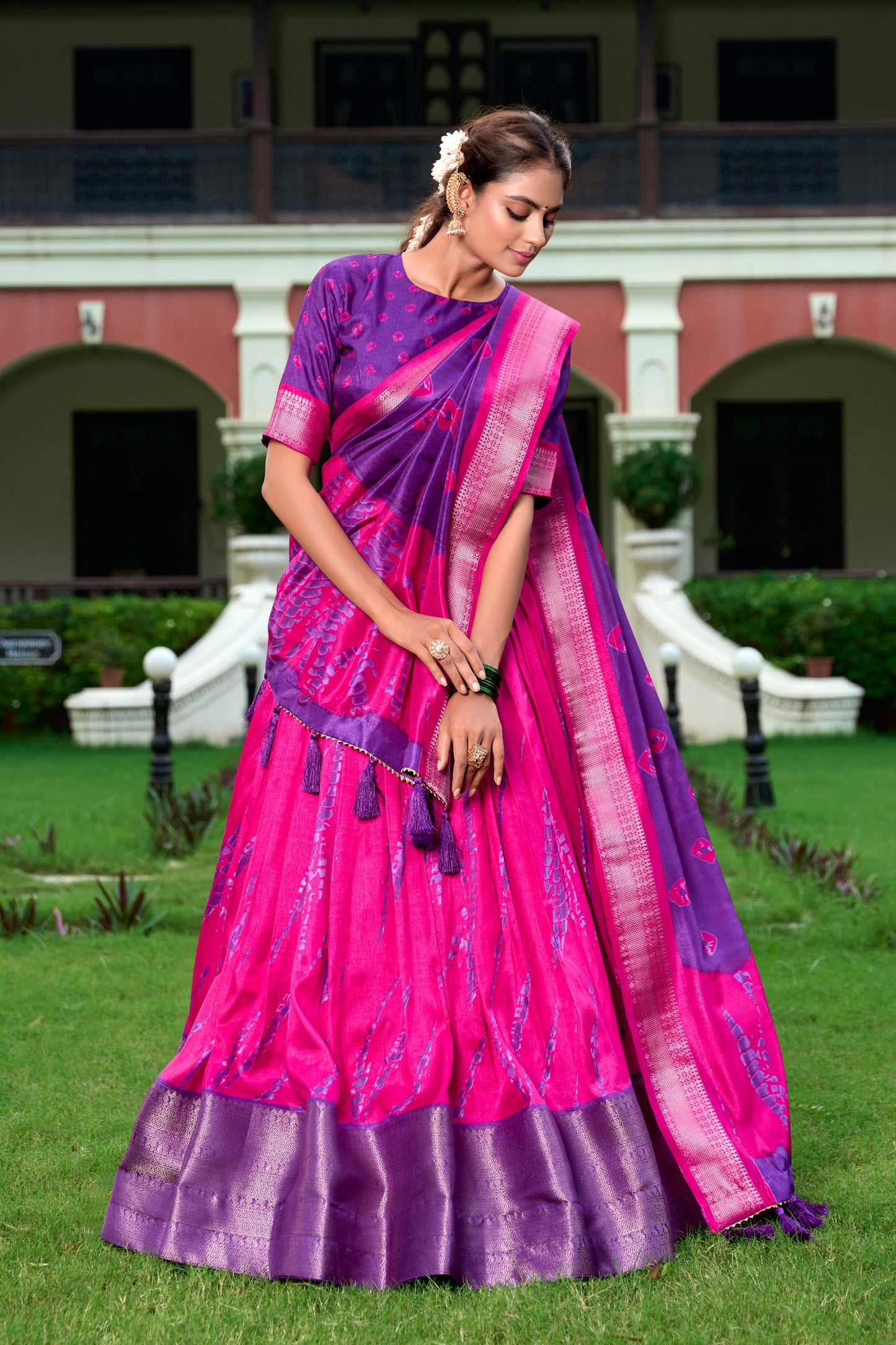 Pink Color Dola Silk Shibori Print With Zari Weaving Border Lehenga