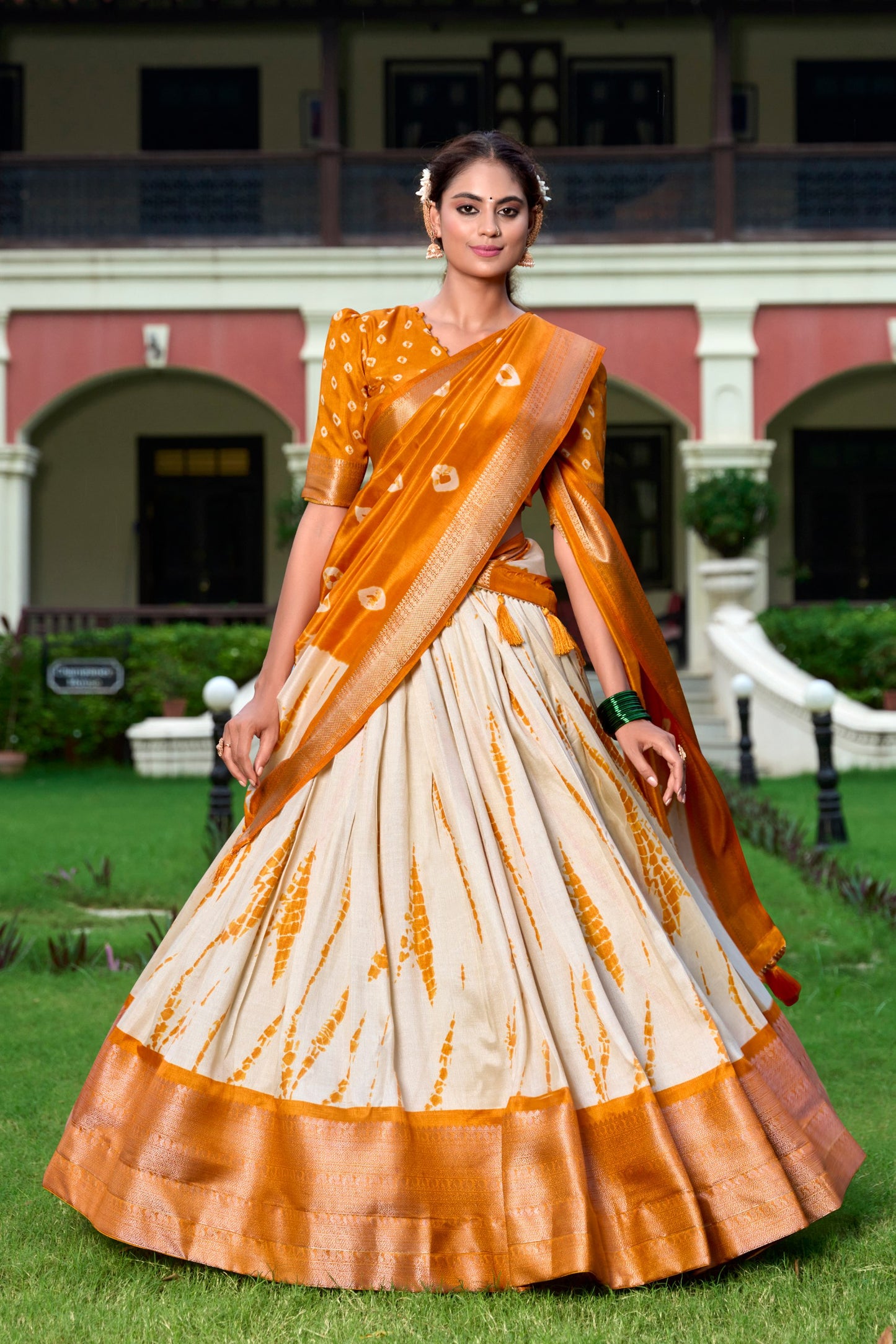 Musterd Color Dola Silk Shibori Print With Zari Weaving Border Lehenga