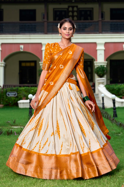 Musterd Color Dola Silk Shibori Print With Zari Weaving Border Lehenga