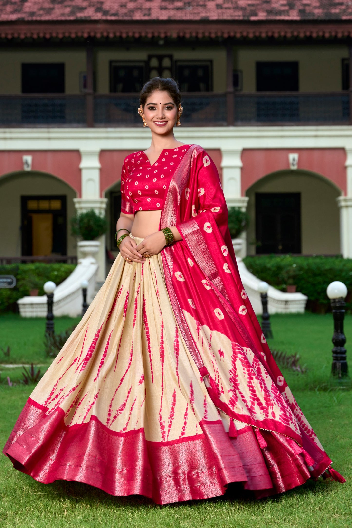 Red Color Dola Silk Shibori Print With Zari Weaving Border Lehenga