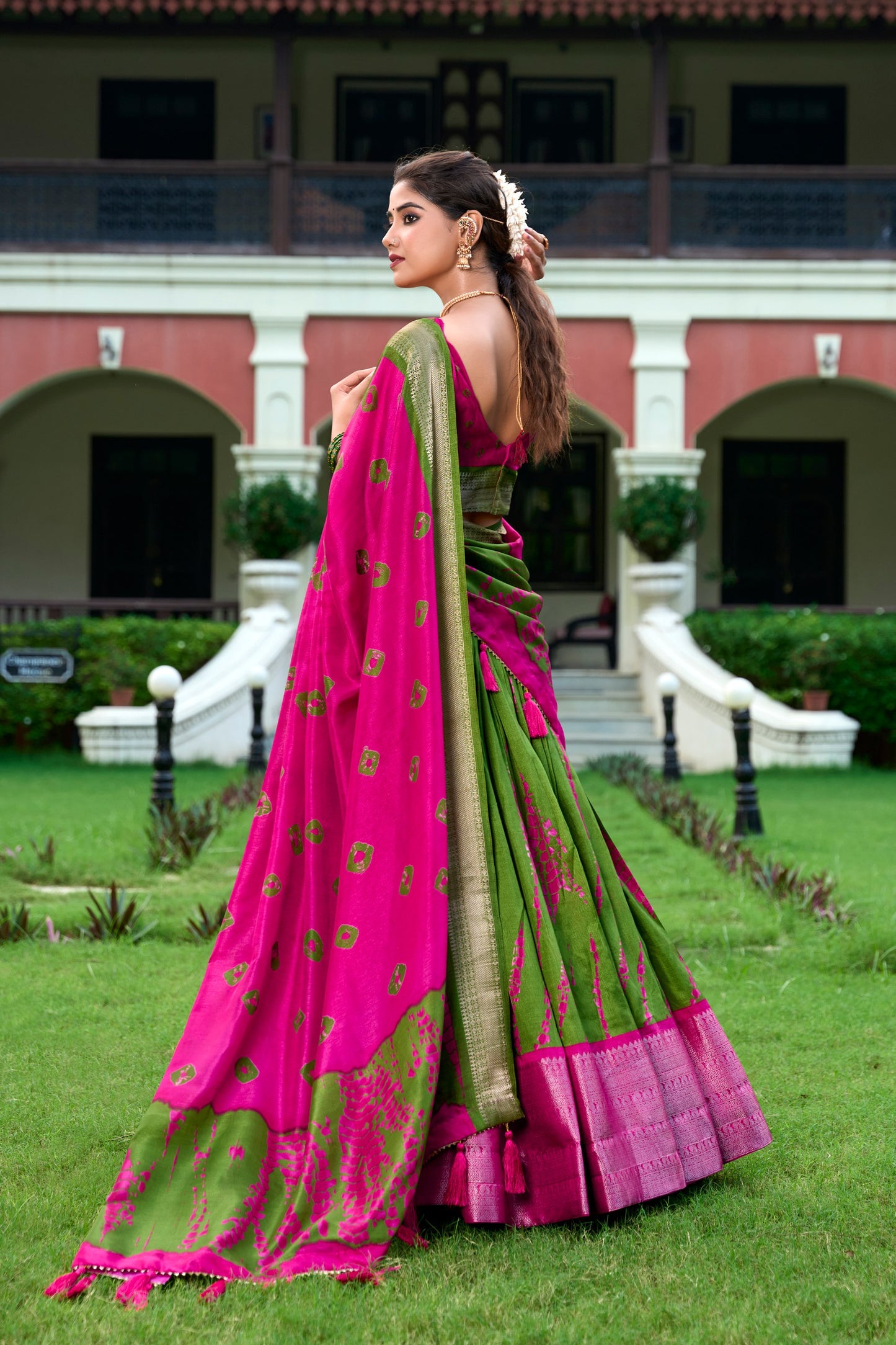 Green Color Dola Silk Shibori Print With Zari Weaving Border Lehenga