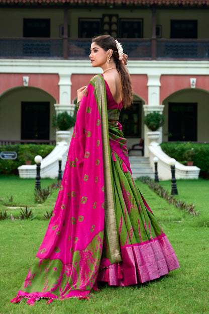 Green Color Dola Silk Shibori Print With Zari Weaving Border Lehenga