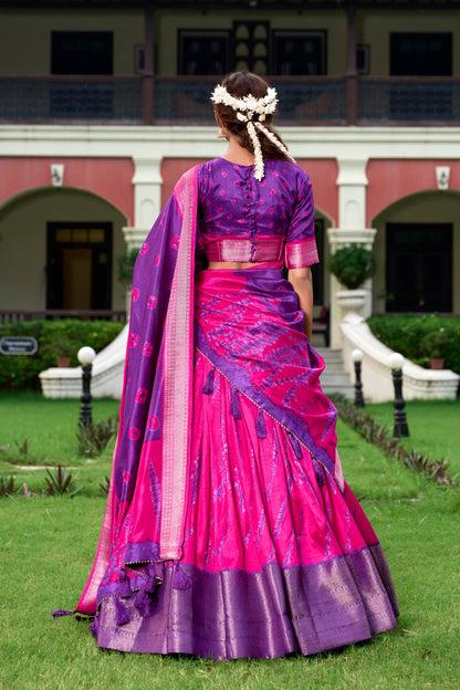 Pink Color Dola Silk Shibori Print With Zari Weaving Border Lehenga