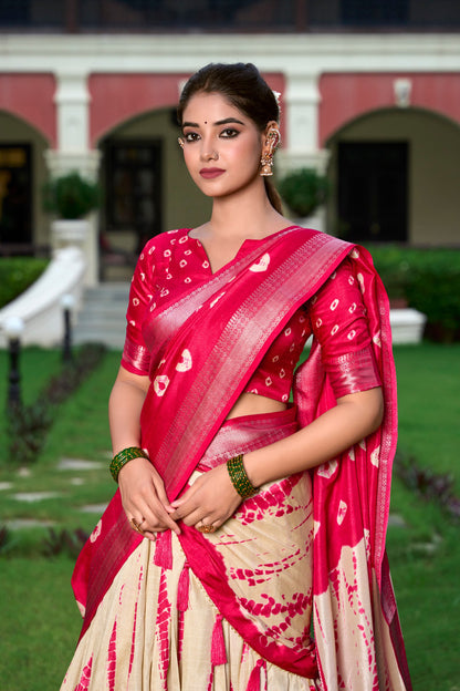 Red Color Dola Silk Shibori Print With Zari Weaving Border Lehenga