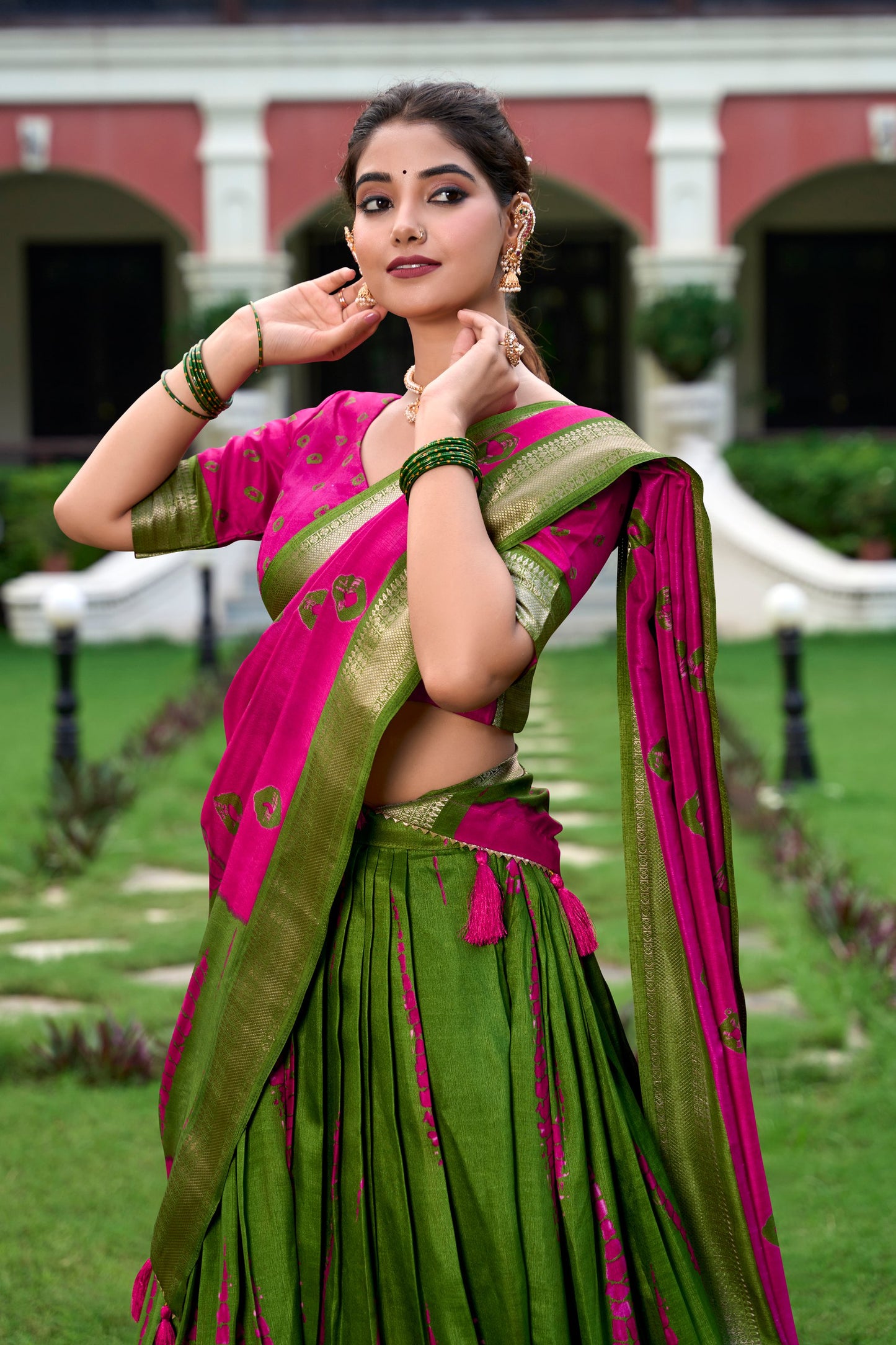 Green Color Dola Silk Shibori Print With Zari Weaving Border Lehenga