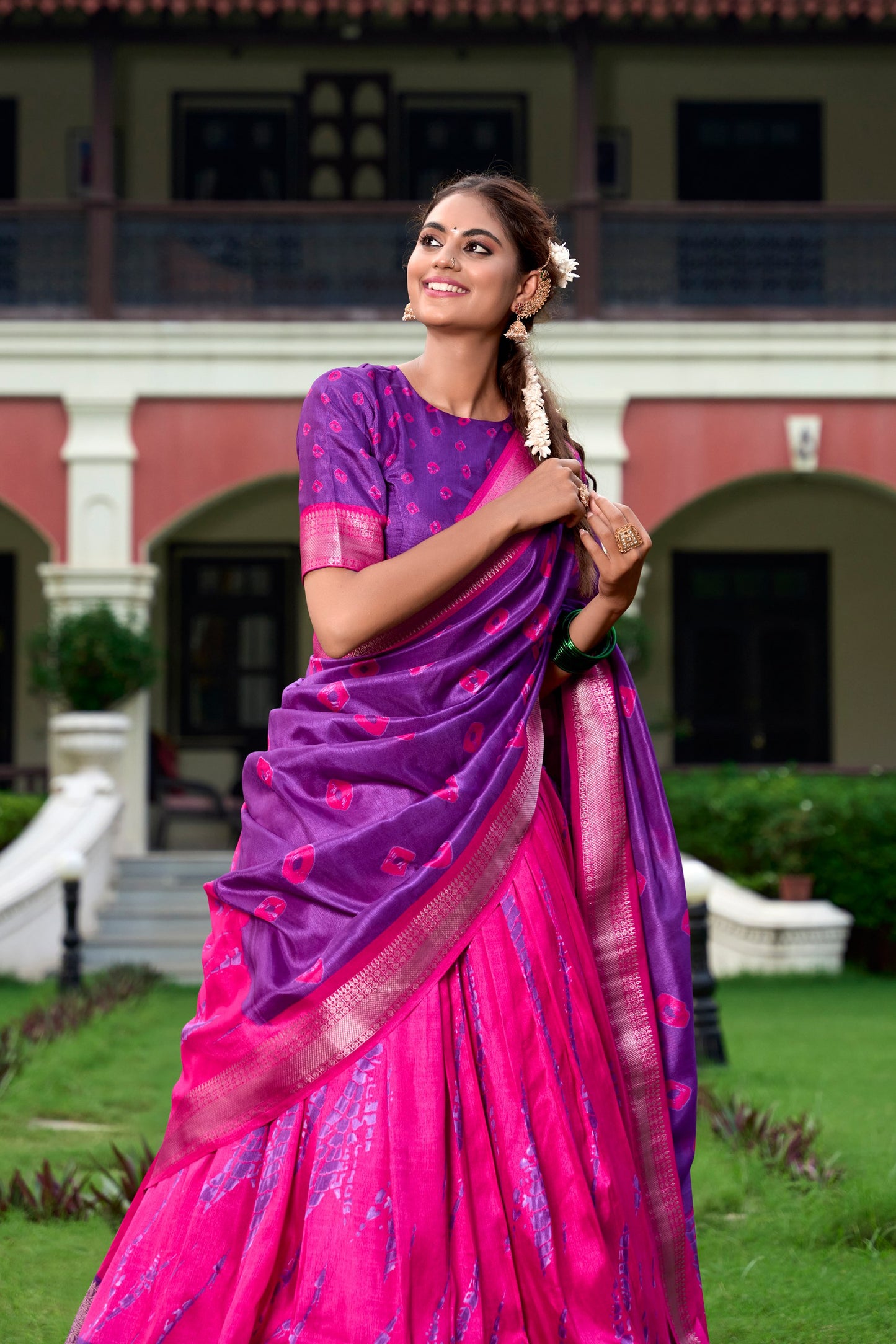 Pink Color Dola Silk Shibori Print With Zari Weaving Border Lehenga