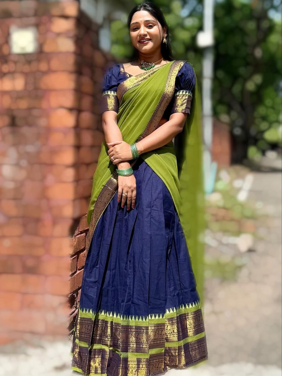 Navy Blue Kanjivaram Silk Half Saree with Parrot Green Dupatta and Gold Zari Weaving Border by The Beauty Queen Surat