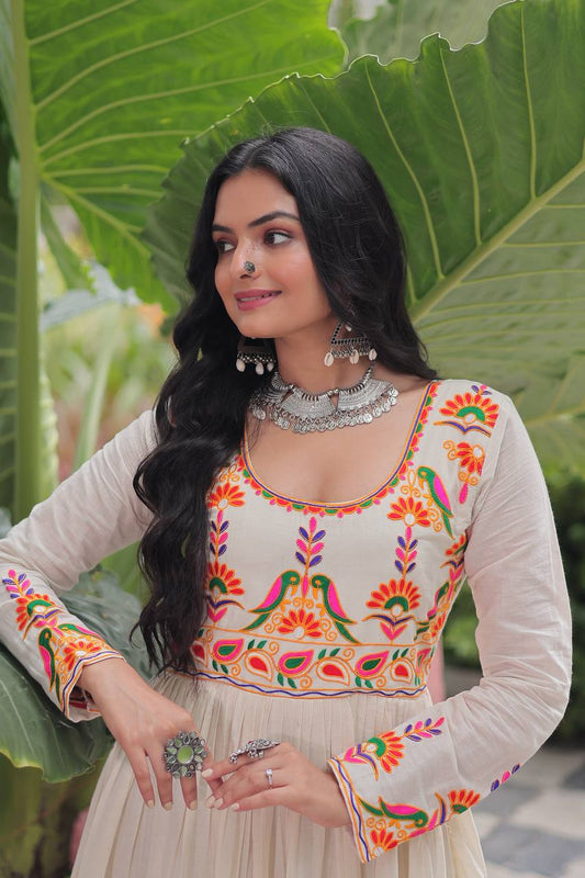 Off White Kora Cotton With Gota Patti Work Navratri Gown