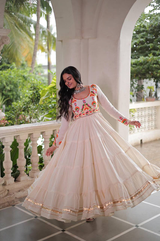 Off White Kora Cotton With Multi Thread Embroidered Work Navaratri Gown