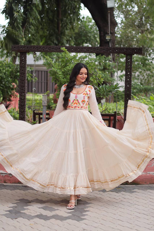 Off White Kora Cotton With Gota Patti Work Navratri Gown
