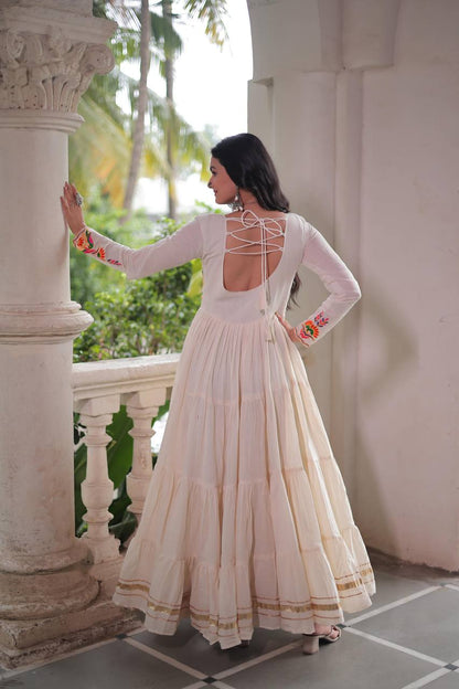 Off White Kora Cotton With Gota Patti Work Navratri Gown