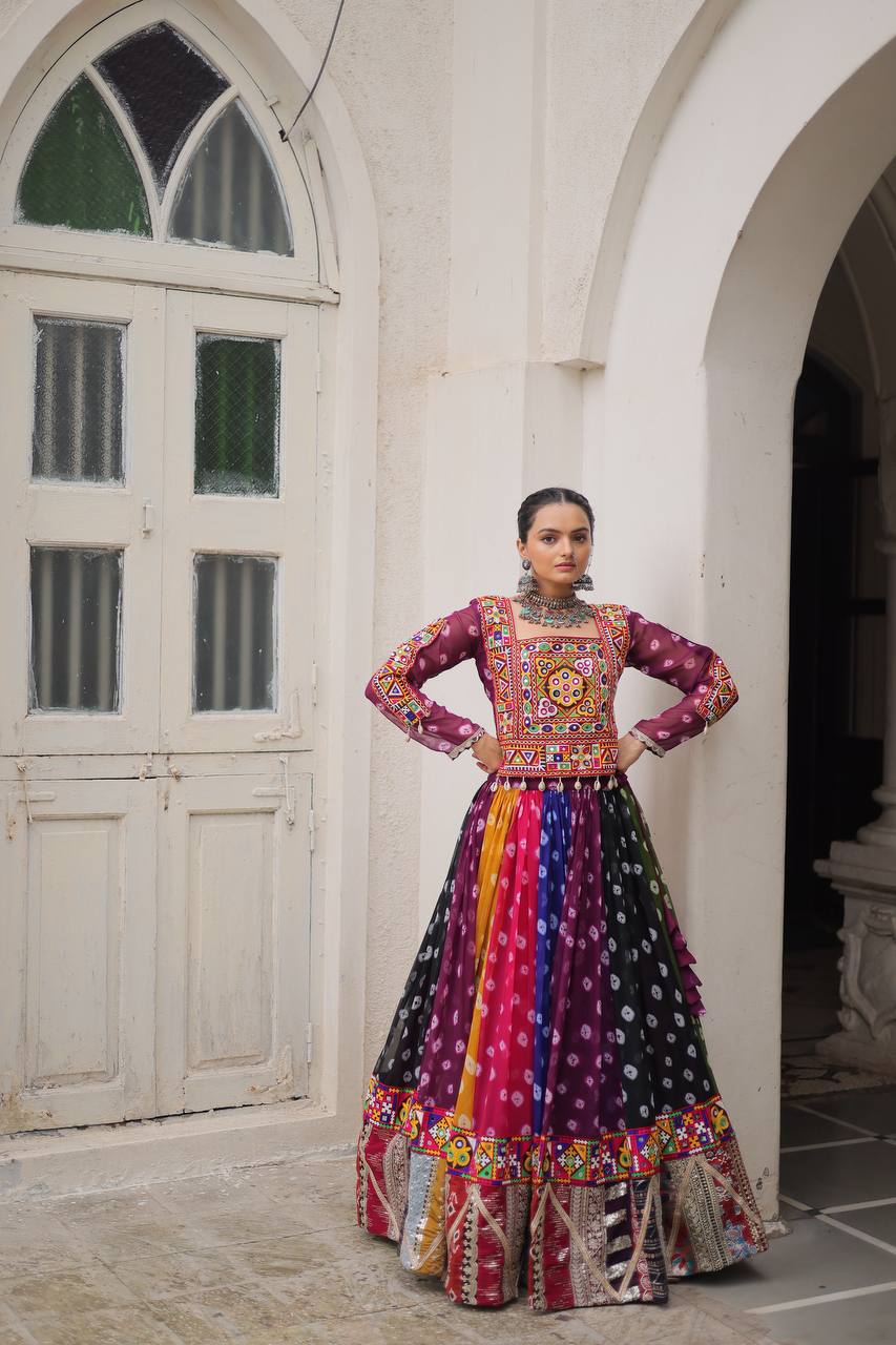 Multicolor Attractive Combination Of Wintage And Gamthi Embellished Work Navratri Lehenga Choli