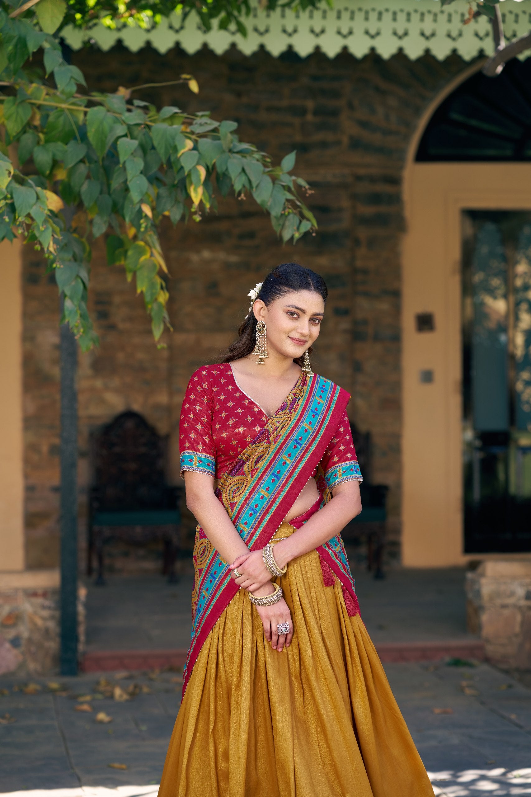 Mustard & Maroon Tasar Silk Navratri Lehenga Choli with Iconic Sparkle & Printed Work
