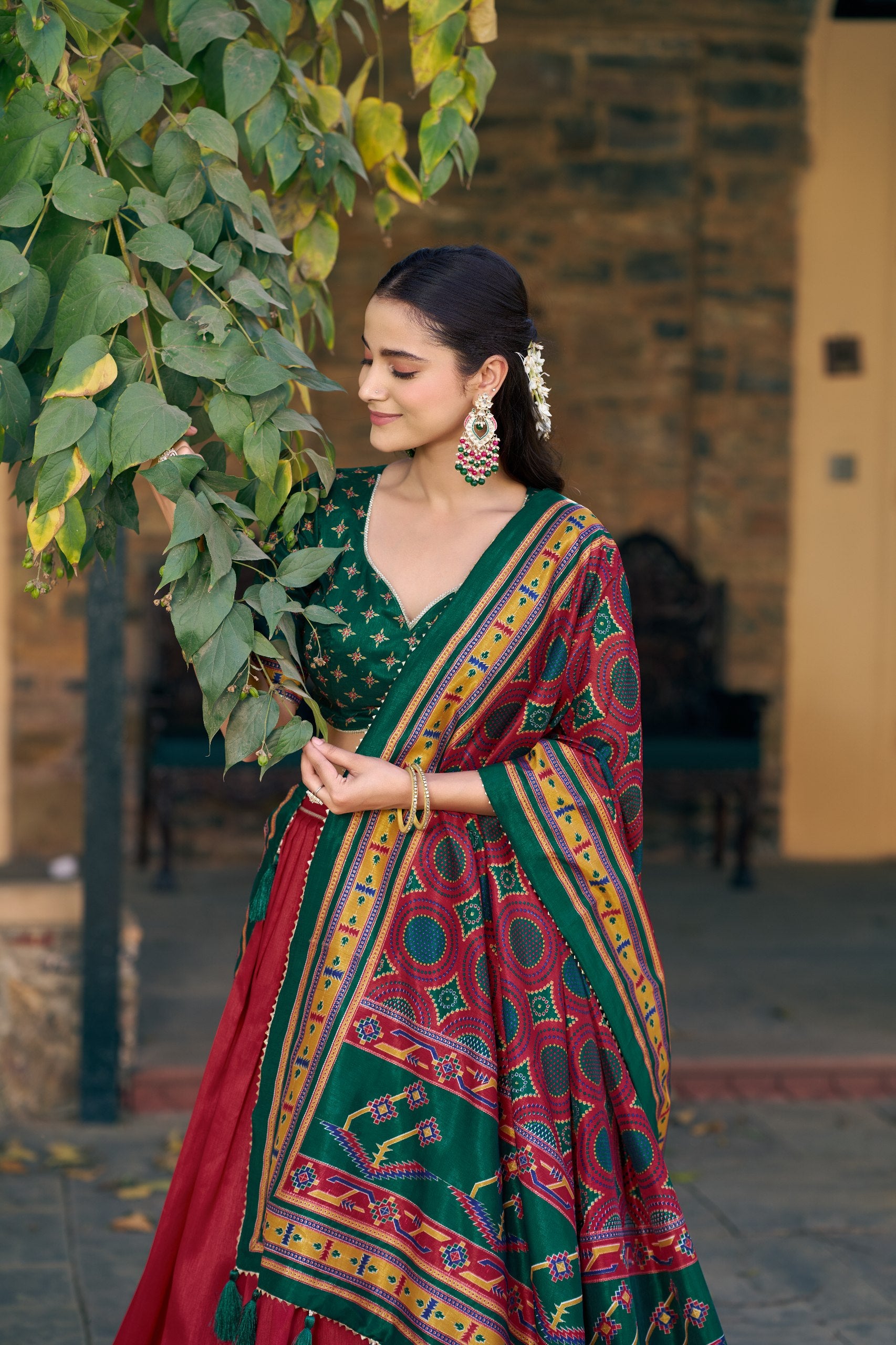 Maroon & Green Tasar Silk Navratri Lehenga Choli with Iconic Sparkle & Printed Work
