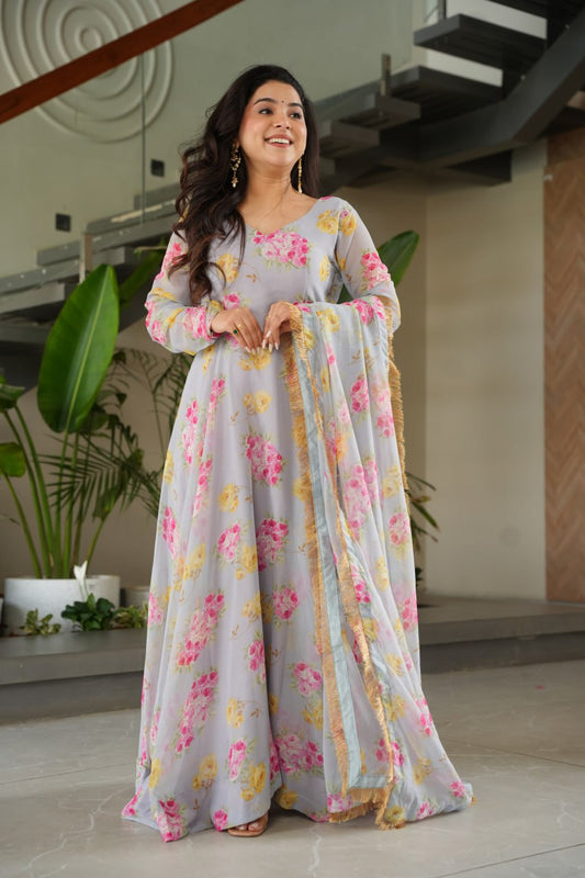 Gray Faux Georgette With Rich Flower Digital Print Work Gown