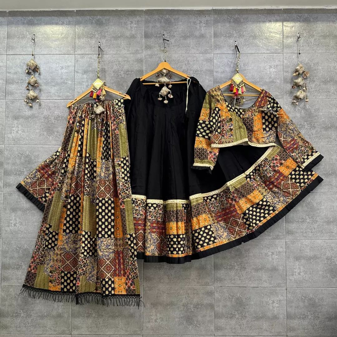 Black Multicolor Digital Print Real Mirror Work Navaratri Lehenga Choli