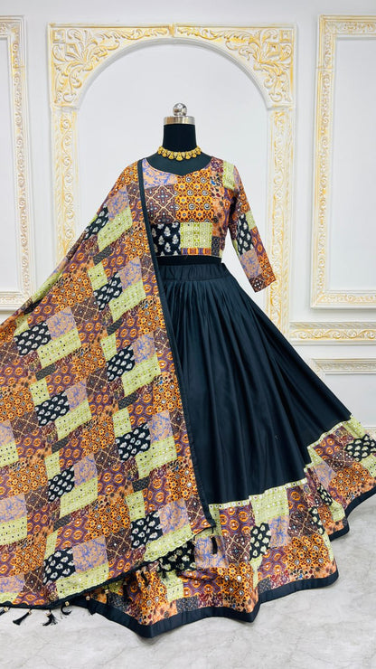 Black Multicolor Digital Print Real Mirror Work Navaratri Lehenga Choli