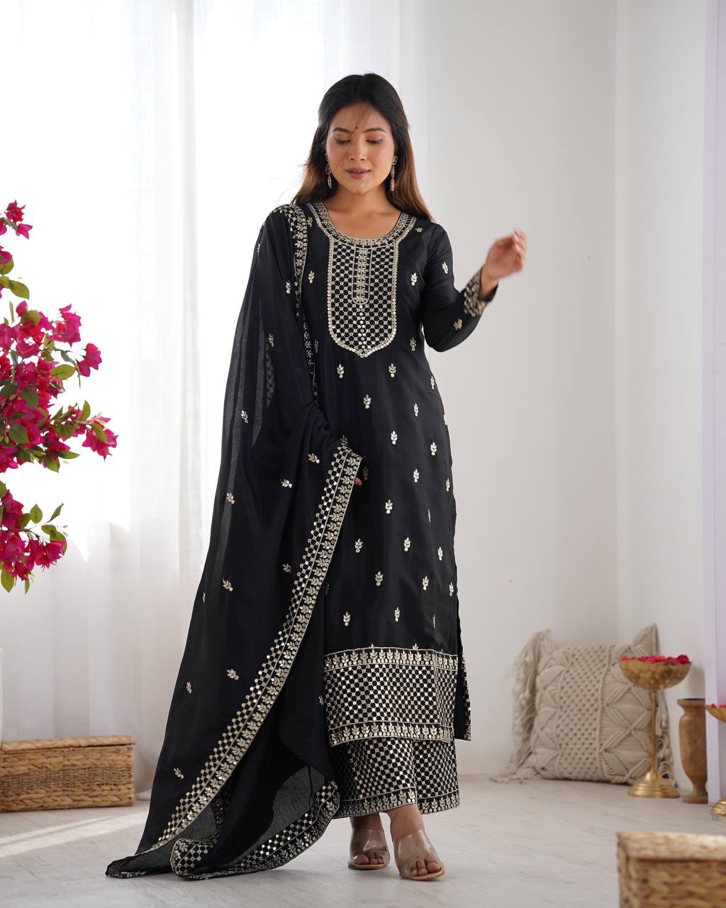 Black Pure Chinon Silk Fabric With Beautiful Embroidery Sequence And Jari Work Plazzo Set