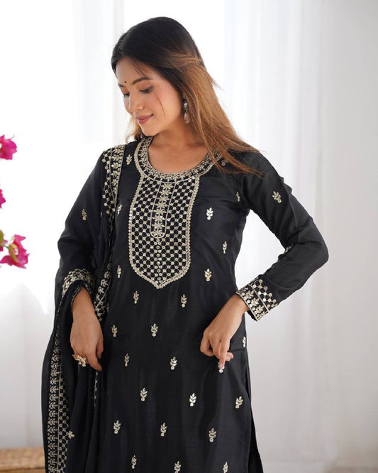 Black Pure Chinon Silk Fabric With Beautiful Embroidery Sequence And Jari Work Plazzo Set