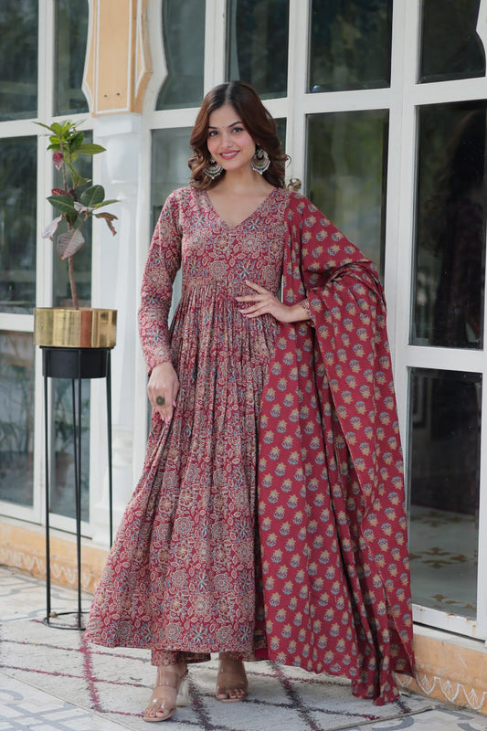 Maroon Pure Cotton Readymade Kurti With Pant Dupatta Set
