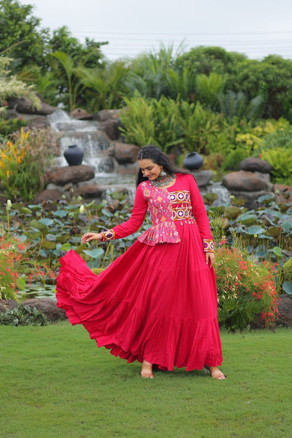 Pink Reyon With Kutchi Gamthi Embroidered Work Navratri Gown