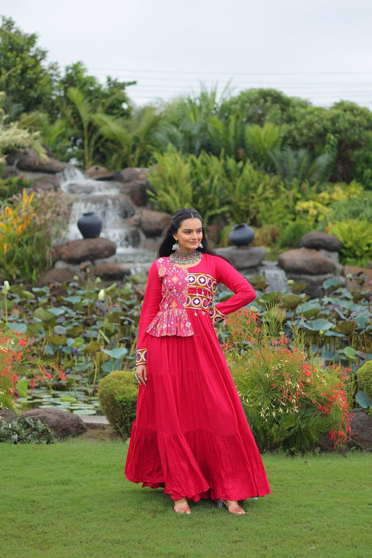Pink Reyon With Kutchi Gamthi Embroidered Work Navratri Gown
