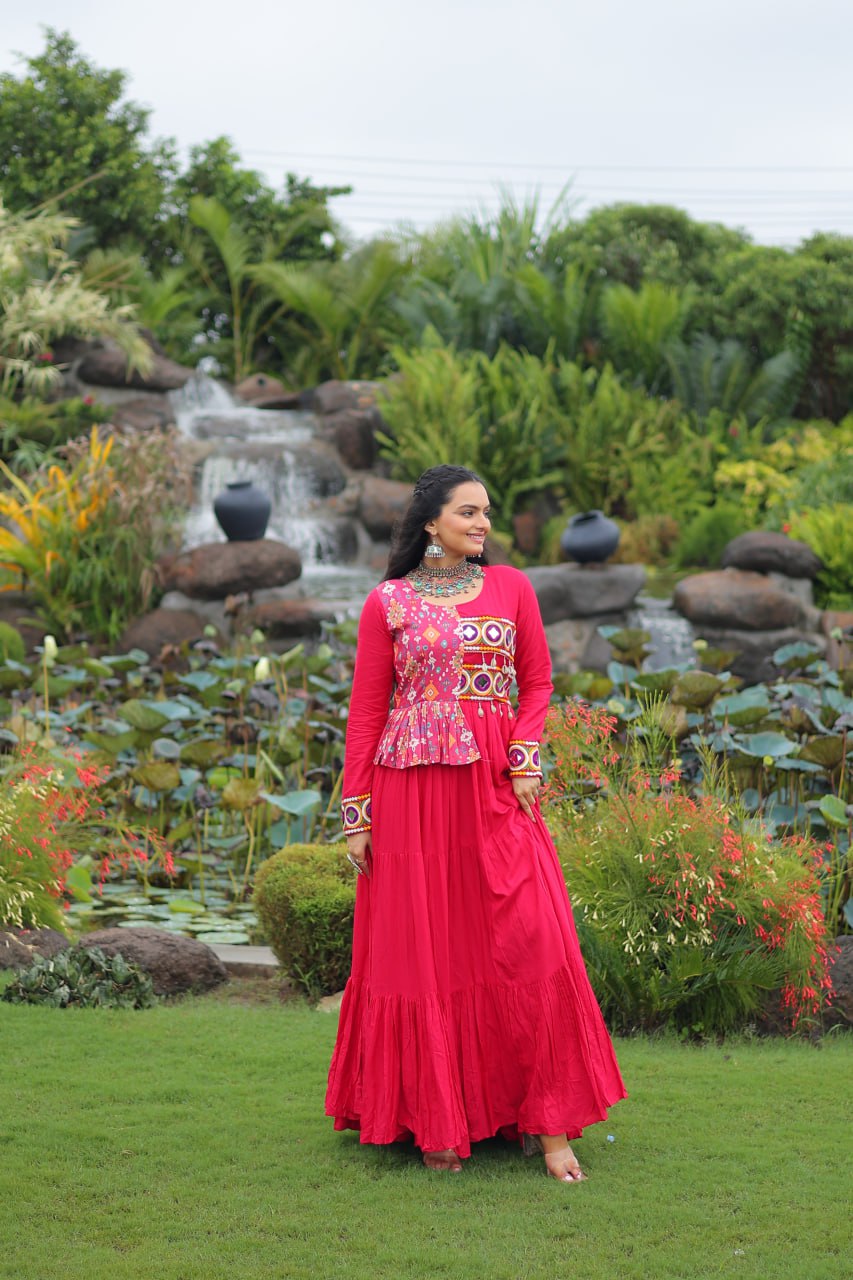 Pink Reyon With Kutchi Gamthi Embroidered Work Navratri Gown