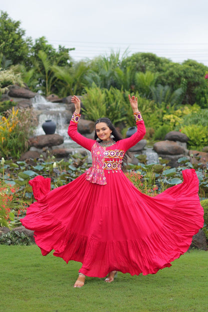 Pink Reyon With Kutchi Gamthi Embroidered Work Navratri Gown