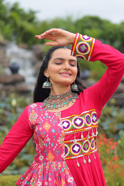Pink Reyon With Kutchi Gamthi Embroidered Work Navratri Gown