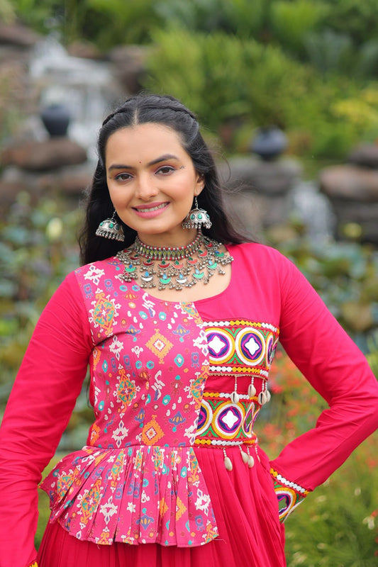Pink Reyon With Kutchi Gamthi Embroidered Work Navratri Gown