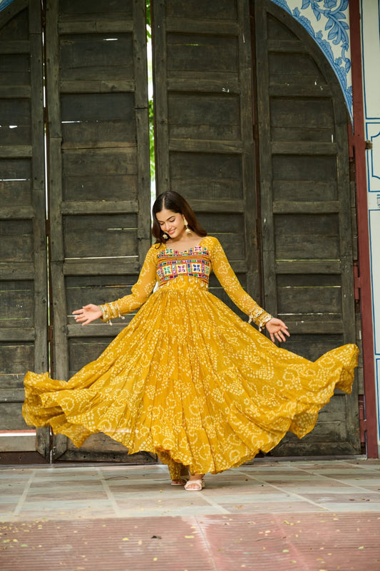 Yellow Bandhani Print Work With Kutchi Patchework Navratri Gown