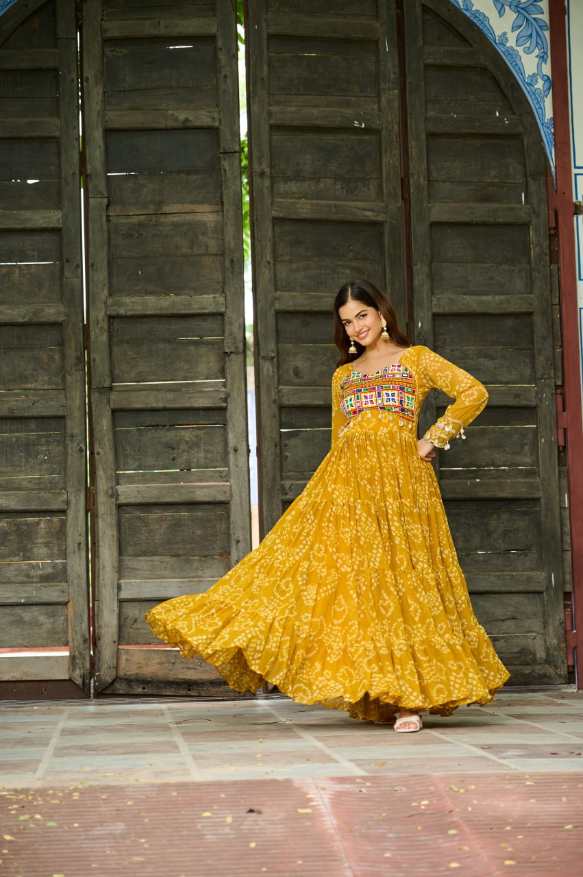 Yellow Bandhani Print Work With Kutchi Patchework Navratri Gown