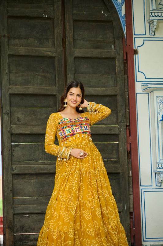 Yellow Bandhani Print Work With Kutchi Patchework Navratri Gown