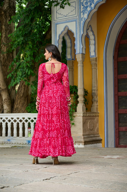 Pink Bandhani Print Work With Kutchi Patchework Navratri Gown